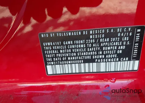 2016 Volkswagen Golf Tsi S 4-Door z USA, uszkodzony, nr VIN 3VW217AU8GM060869